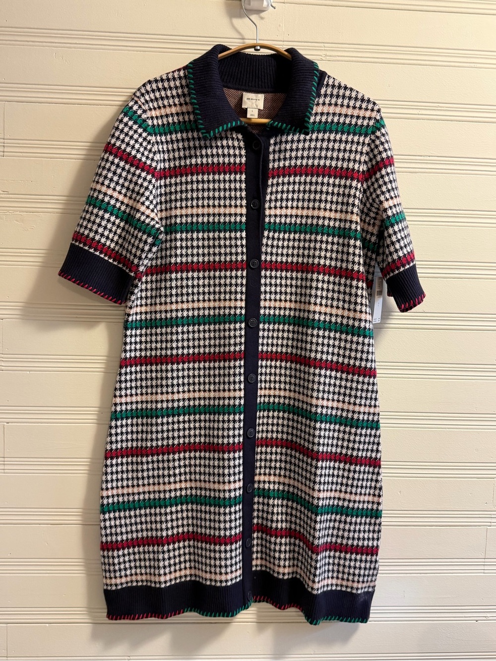 Maeve Anthropologie Houndstooth Plaid Knit Button Front Dress L NWT